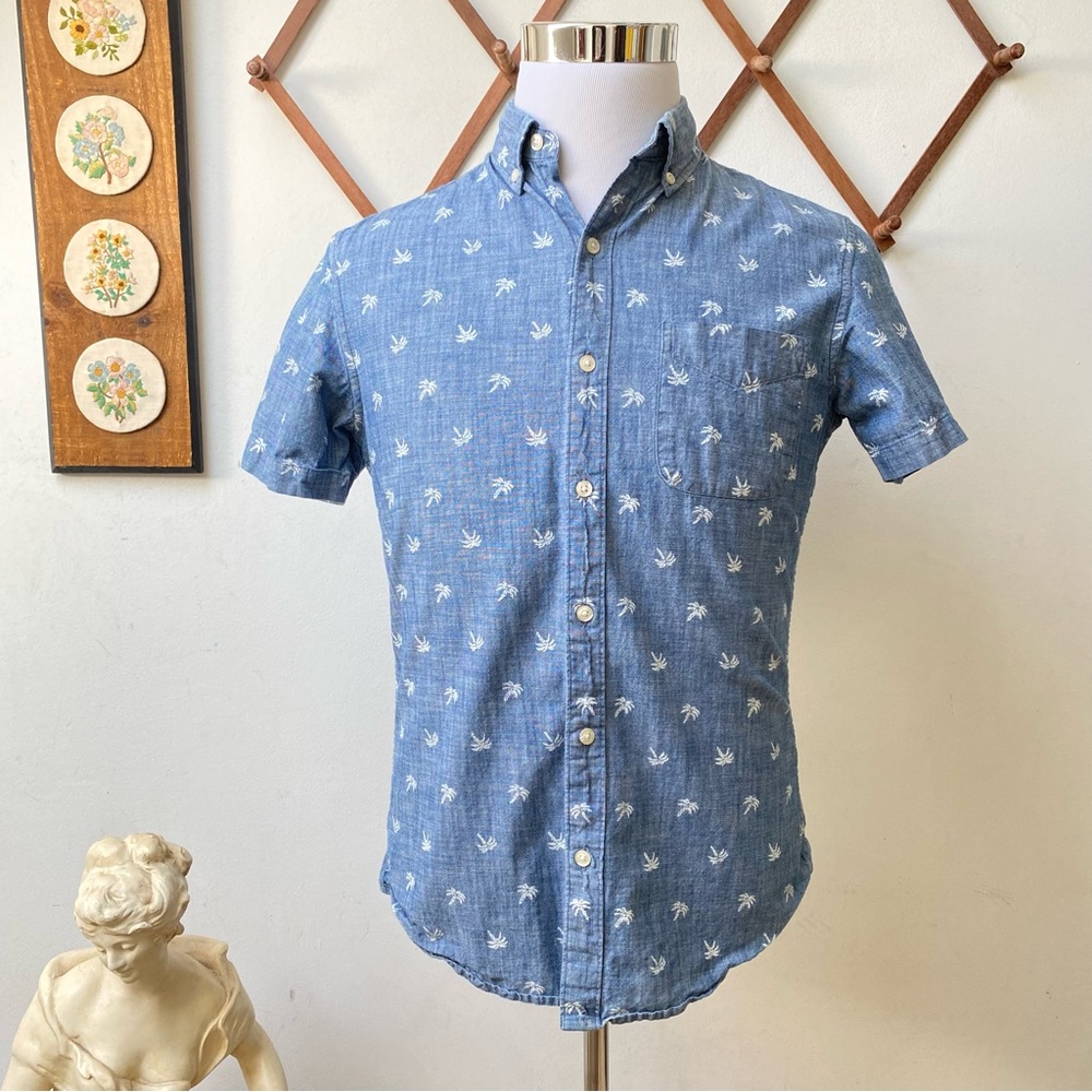 Bonobos Tailored Slim Fit Chambray Blue Palm Tree Short Sleeve Oxford Shirt